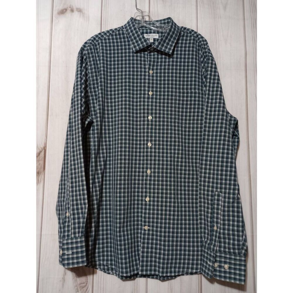Peter Millar Shirt Men's Extra Large Summer Comfort Green Navy Button Front Long